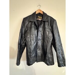 80s 90s Patchwork Leather Jacket Women's Straight Button Down Vintage Black L